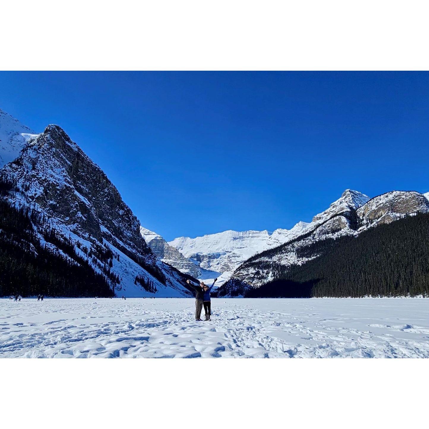 On Lake Louise, checking out our wedding venue in March 2024