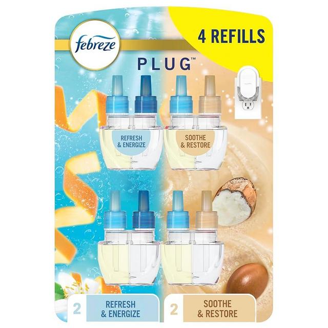 Febreze Odor-Fighting Fade Defy PLUG Air Freshener, Refresh and Energize, Soothe and Restore, Pack of 4 (2 of Each), 79 fl. oz. Oil Refill