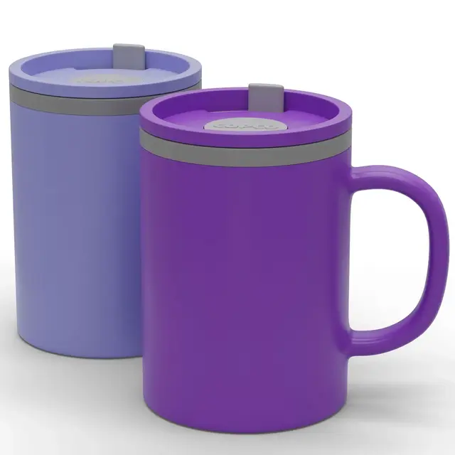 Copco Iconic 16oz Double Wall Insulated Desk Mug with Lid & Handle, Set of 2, BPA-Free Reusable Plastic, Spill-Proof, Wide Mouth
