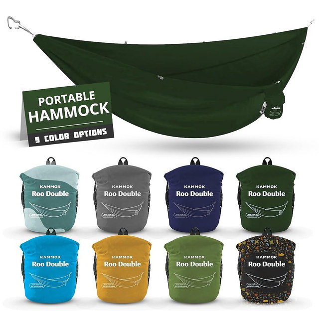 KAMMOK: Roo Double Hammock | Made from Strong & 100% Recycled Water Resistant Ripstop Fabric | Comfortable, Packable, Lightweight (Lifetime Adventure Grade Warranty), Pine Green