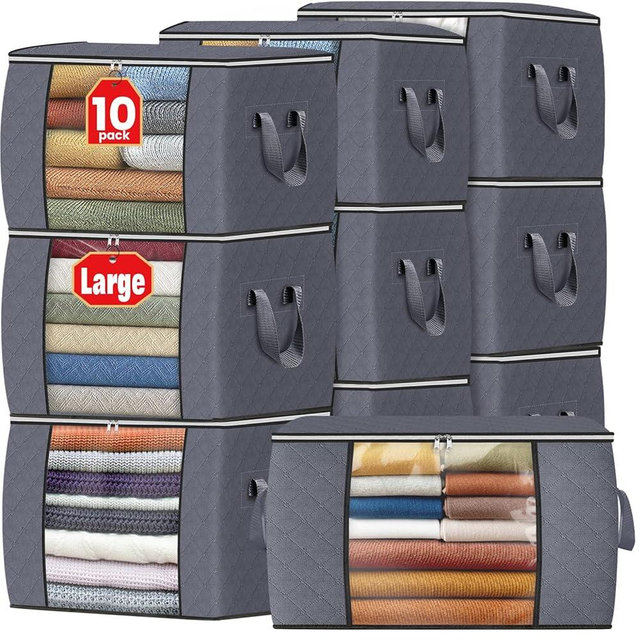 Fab totes 24 Gallons Clothes Storage, Foldable Thick Fabric Blanket Storage Bags, Containers for Organizing Bedroom, Closet, Clothing, Comforter, Organization with Handle (10 Pack,Grey)