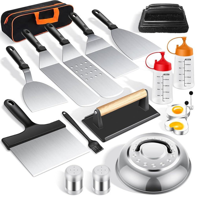 18PCS Griddle Accessories Kit for Blackstone and Camp Chef, Heavy Duty Flat Top Grill Accessories Set with Enlarged Spatulas, Basting Cover, Griddle Press for Outdoor, Camping, Holiday Beach