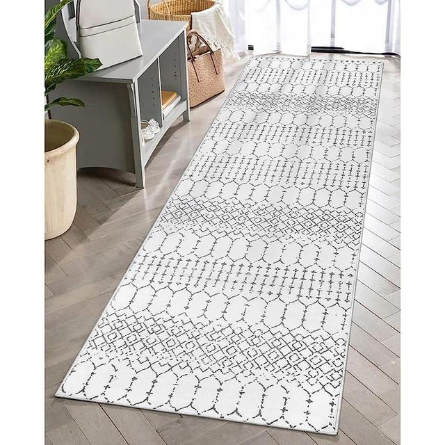Lahome Moroccan Washable Runner Rug - 2x6 Non-Slip Throw Hallway Runner Rug Ultra-Thin Soft Kitchen Runner Laundry Room Rug White Print Distressed Carpet Runner for Entryway Bathroom Living Room