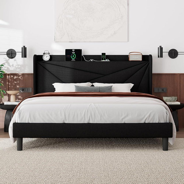 Feonase King Size Bed Frame with Charging Station, Upholstered Platform Bed Frame with Wingback Storage Headboard, Solid Wood Slats Support, No Box Spring Needed, Black