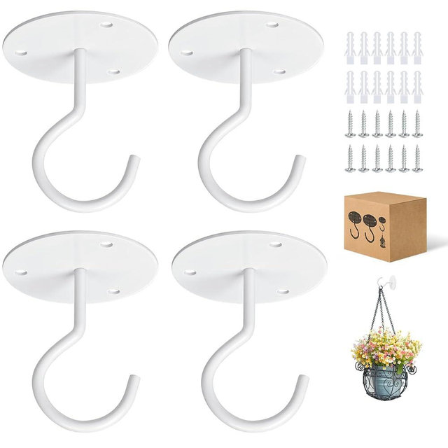 RELBRO Ceiling Hooks, Metal Hanging Ceiling Plant Hangers Indoor Outdoor, Heavy Duty, White, 4 Pcs