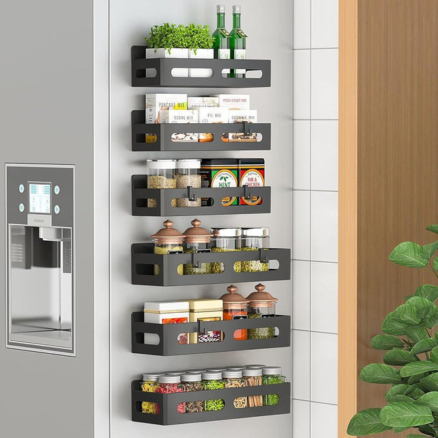 Sevenblue 6 Pack Strong Magnetic Spice Rack for Refrigerator, Multipurpose Magnetic Shelf for Fridge with 4 Hooks for kitchen and Bathroom Organization, Black