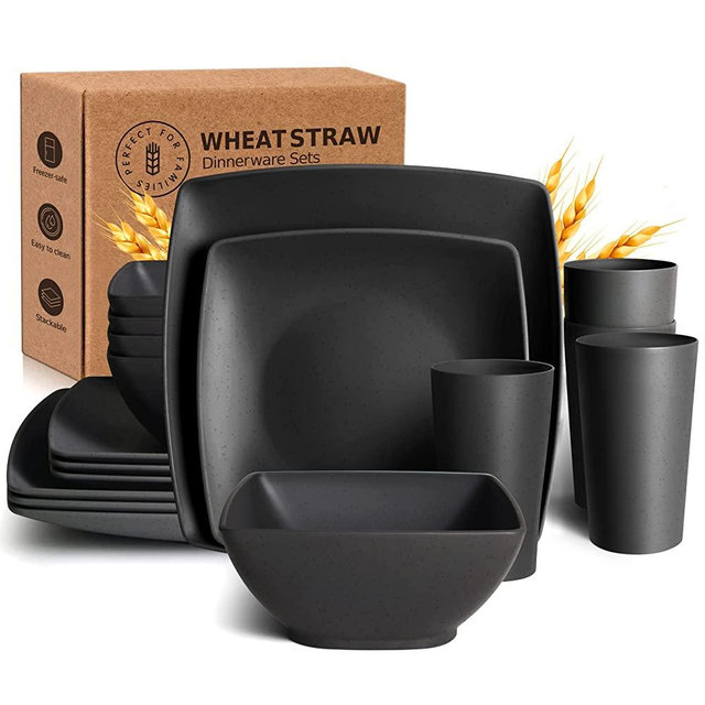 Teivio 16-piece Plastic Wheat Straw Square Dinnerware Set for 4, Unbreakable Dinner Plates, Salad Plates, Snack Bowls, Tumblers 20 oz, Dishwasher Safe, Black