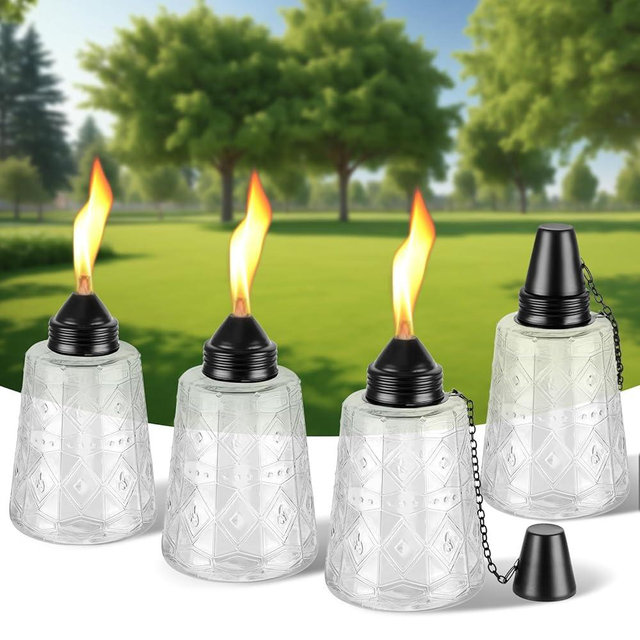4-Pack Glass Table Top Torches - Clear Refillable Citronella Torches Canisters for Outdoor, Includes Wick & Cap, 12 oz Decorative Lanterns for Patio, Garden, Yard, Party, Landscape