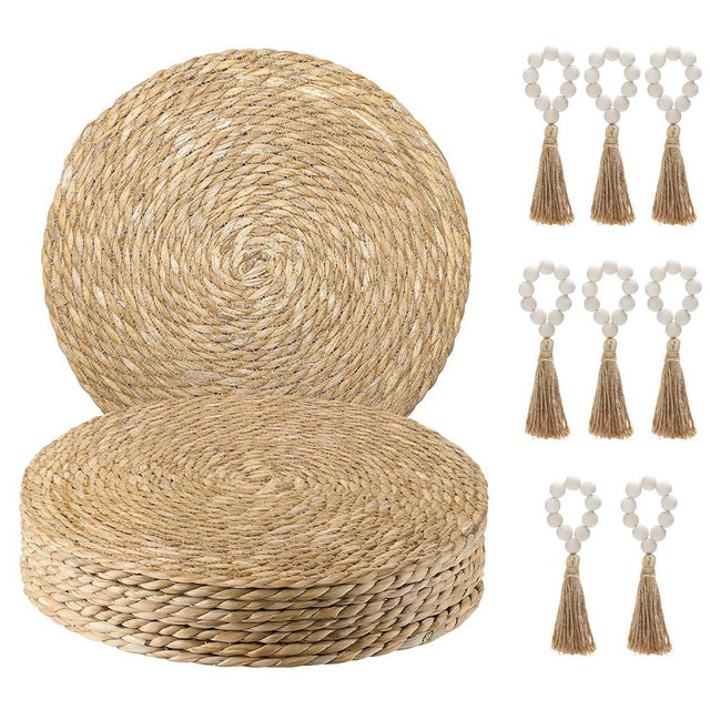 Hardcometrue Woven Placemats Set of 8, 13.8" Natural Water Hyacinth Round Rattan Placemats with Wooden Beads Napkin Rings for Kitchen Dining Table Decor