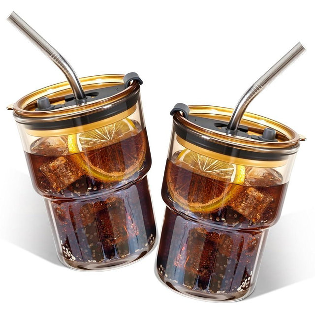 Lyghei 2 Packs Glass Tumbler with Lid and Straw 13 oz Cute Ice Coffee Cup Set Bulk Smoothie Juice Matcha Tea Cappuccino Water Simple Clear Hot Drink Glasses Travel Mug Kitchen Modern Glassware