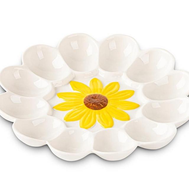 YU&CH Ceramic Deviled Egg Platter Sunflower Deviled Egg Tray Deviled Egg Plate White Devil Egg Tray For Party Deviled Egg Container