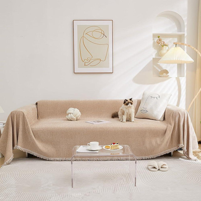 MEETSKY Sofa Covers for Sectional Sofa Set Couch Cover for Dogs Throw Couch Cover with Tassel Loveseat Covers Futon Cover L Shaped Cover Washable Chenille Couch Protector, 91" x 150", Khaki