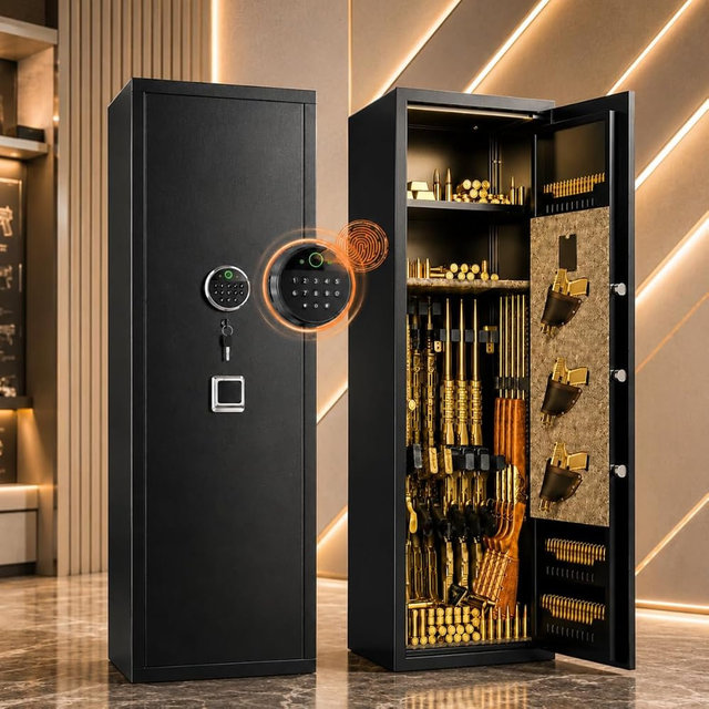 Biometric Gun Safe, No Assembly Required Fireproof Rifle Safe with Fingerprint Lock & Keypad, Adjustable Gun Cabinet Holds 12-15 Firearms with Pistol Pockets, Quick Access for Home Defense, Black