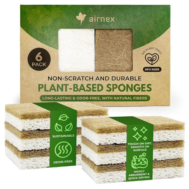 AIRNEX Biodegradable Natural Kitchen Sponges Pack of 6 - Cellulose and Coconut Walnut Scrubber Sponge - Eco Friendly Sponges for Dishes