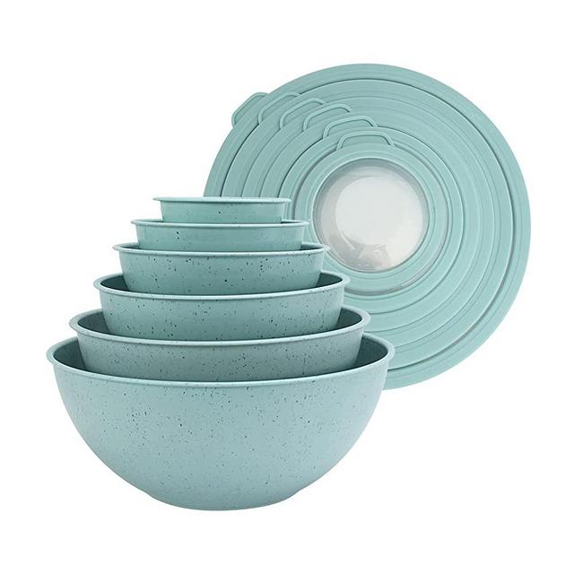 COOK WITH COLOR Mixing Bowls with TPR Lids - 12 Piece Plastic Nesting Bowls Set includes 6 Prep Bowls and 6 Lids, Microwave Safe Mixing Bowl Set (Speckled Mint)