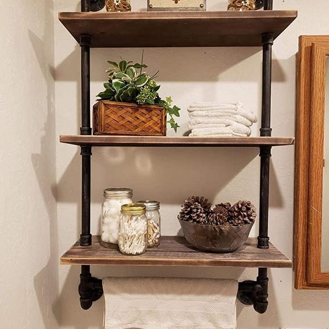 Industrial Pipe Shelf,Rustic Wall Shelf with Towel Bar,24" Towel Racks for Bathroom, 3-Layer Pipe Shelves Wood Shelf Shelving (3-Layer)