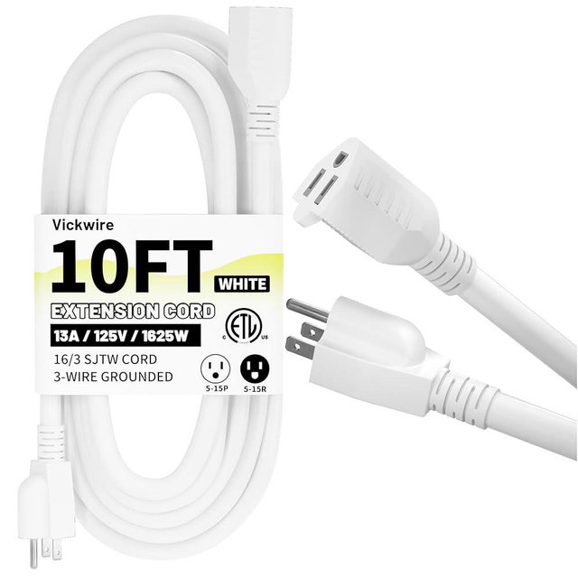 10 Ft 13A 1625W 16AWG White Indoor Outdoor Extension Cord Waterproof, Extension Cord with 3 Prong Grounded Plug, Flexible Weatherproof Power Cable, SJTW