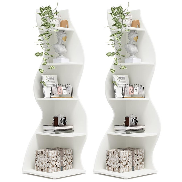 Tribesigns Corner Shelf, Modern 5-Tier Wall Corner Bookshelf Set of Two, Stylish Corner Small Bookcase Storage Rack Plant Stand for Living Room, Home Office, Kitchen, Small Space White, 2PCS