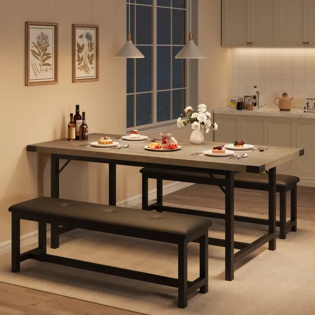 Dining Table Set for 4-6, Large Wood Extendable Kitchen Table Set for 6, Rectangle Kitchen Table Set with 2 Upholstered Benches