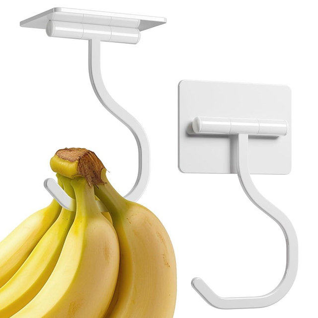bussdis Banana Hook Hanger Holder Under-Cabinet - Adhesive Banana Hook, 2 Pack Under Cabinet Banana Hook, Stainless Kitchen Hook,Banana Rack,Keep Bananas Fresh, Metal, White