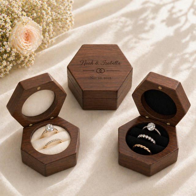 Personalized Double or Triple Slot Ring Bearer Box,Rustic Ring Box, Ceremony Ring Case ,Mountain Wedding Engraved Wooden Holder