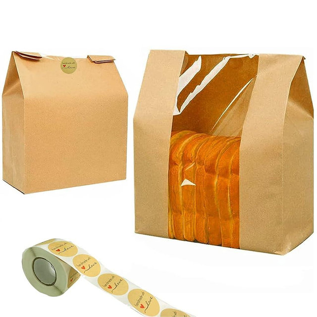 100 Pack Kraft Paper Bread Bags for Homemade Bread Large Loaf Bag with Clear Front Window 14" x 8.3" x 3.5" 500pcs Homemade with Love sticker, Food Packaging Storage Popcorn Cookie Treat Bakery Bag