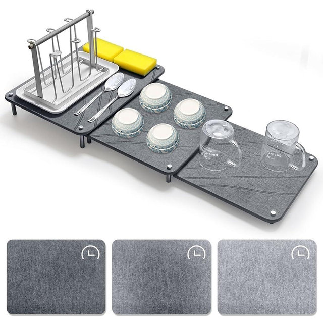 3Pcs Nesting Stone Drying Mat for Kitchen Counter, Quick Drying Stone Dish Drying Mat with Non-Slip Feet, Super Absorbent Heat Resistant Diatomaceous Earth Dish Drying Mat for Dishes, Bottles-Curve
