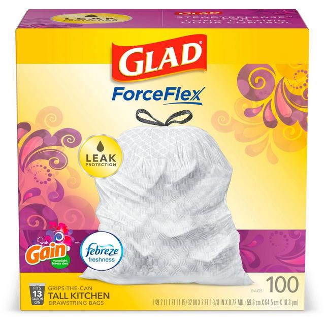 Glad Forceflex Drawstring Trash Bags - Gain Moonlight Breeze - 13 Gallon - 100ct