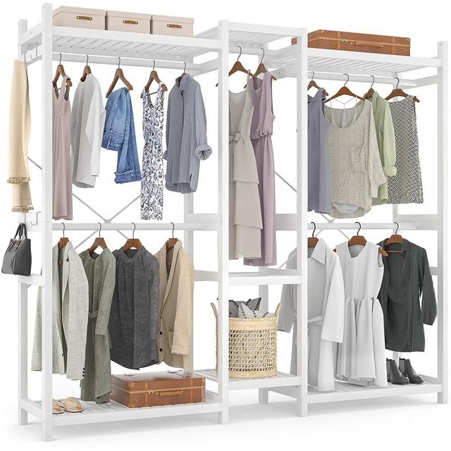 Homykic Bamboo Clothes Rack, Large Closet System Clothing Rack for Hanging Clothes, Freestanding Garment Rack with Shelves and 5 Rods, Open Wardrobe Organizer with 4 Hooks, 70”Wx77”H, White