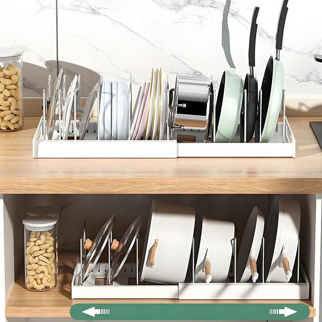 KXSGKRR Pot and Pan Organizer, Expandable Pots and Pans Organizer Under Cabinet, Pot Lid Holder with 10 Adjustable Compartment for Bakeware, Cutting Boards, Lid, Dishes, Cookware (2 Pcs)