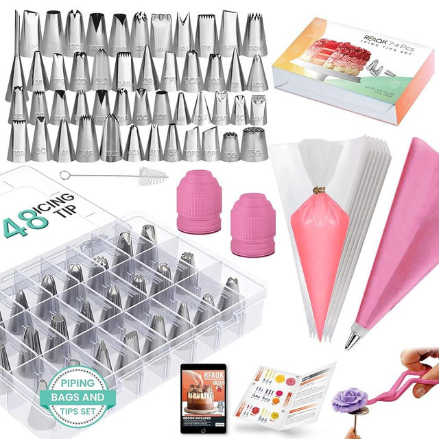 RFAQK 74 PCs Icing Piping Bags and Tips Set, Cake Decorating Kit with 48-Numbered Piping Tips, 20+1 Pastry Bags for Cookie Cupcake Cake Decoration, Cake Decorating Tips Set with Booklet and E-book