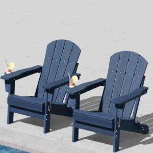 SERWALL Folding Adirondack Chair, HDPE Adirondack Chairs Set of 2, Plastic Outdoor Chairs- Looks Exactly Like Real Wood- Navy