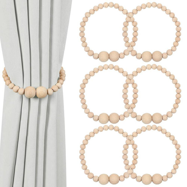 KLOGTSIND Magnetic Curtain Tiebacks, 6 Pack Curtain Holdbacks for Draperies, Wood Bead Curtain Tiebacks, Elegant Curtain Tie Backs for Bedroom Decor, Boho Room Decor, Nursery Decor, Farmhouse Décor