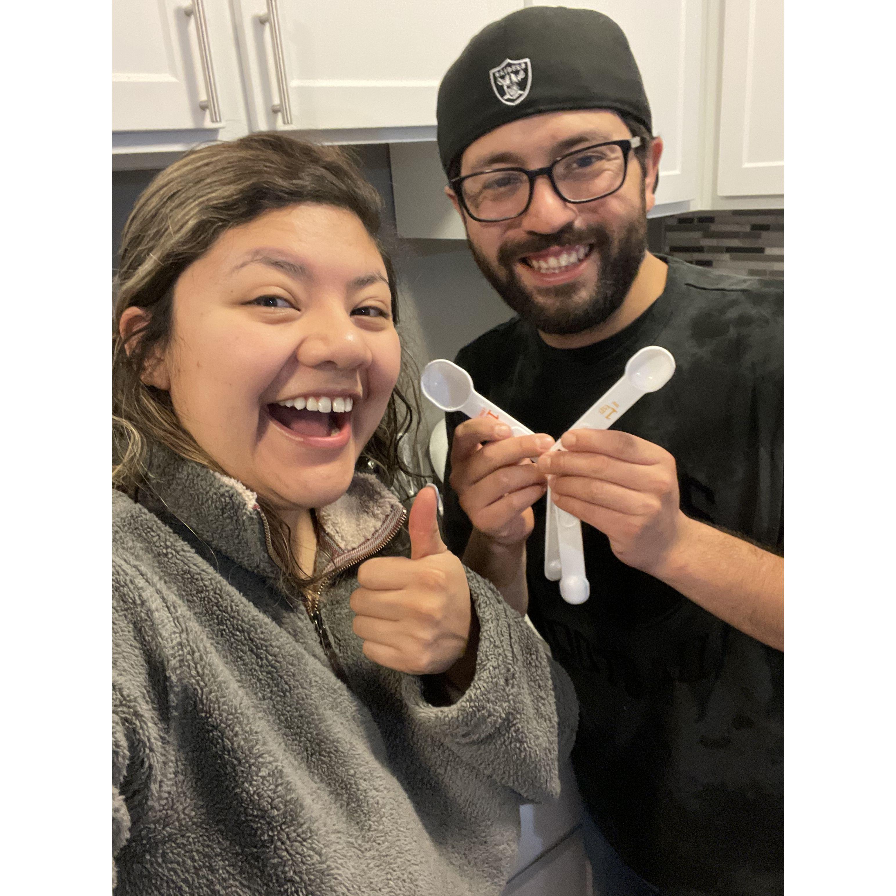 We had just moved into our first apartment together and we learned the difference between a teaspoon and a tablespoon! Bon appetit!