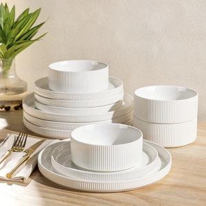 TheTerra Ceramic Dinnerware Sets for 4, 12 Pieces Porcelain Lightweight Plates and Bowls Sets, Scratch Resistant Dish Set, Oven & Microwave & Dishwasher Safe, Bright White