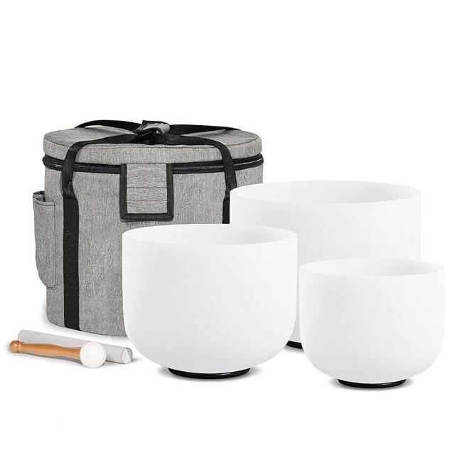 CVNC Set of 3 PCS 6" A Note 8" F Note and 10" C Note Frosted Chakra Quartz Crystal singing bowl With Free Carry Case Bag