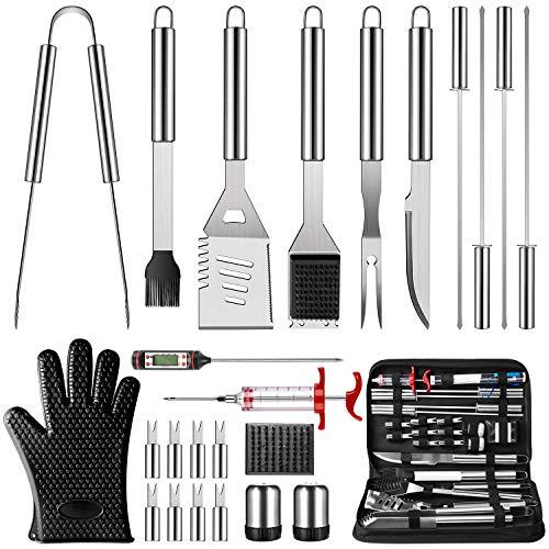 OlarHike Grilling Accessories BBQ Grill Tools Set, 25PCS Stainless Steel Grilling Kit for Smoker, Camping, Kitchen, Barbecue Utensil for Men Women with Thermometer and Meat Injector