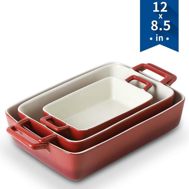 KOOV Bakeware Set, Ceramic Baking Dish, Rectangular Baking Pans for Cooking, Cake Dinner, Kitchen, Wrapping Upgrade, 12 x 8.5 Inches, 3-Piece (Gradient Red)