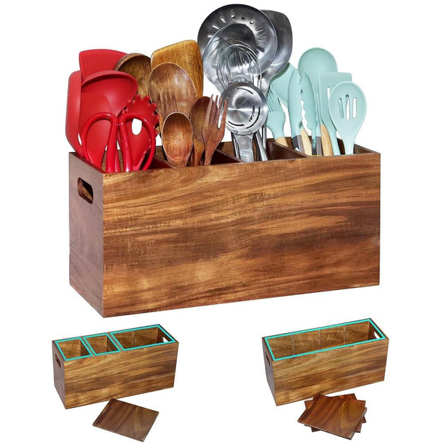 Guijinga Extra Large Kitchen Utensil Holder with 4 Compartments，Acacia Wood Utensil Holder Counter，Suitable for Kitchen Countertops to Store Tableware and Cooking Tools Wooden Utensil Organizer