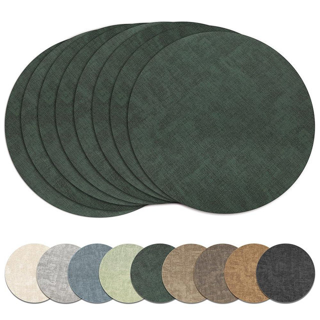13" Round Placemats Set of 8, Reversible Faux Leather Heat Resistant Table Mats, Waterproof Oilproof Wipeable Table Protective Placemats for Vinyl, Washable for Indoor & Outdoor Use (8, Dark Green)
