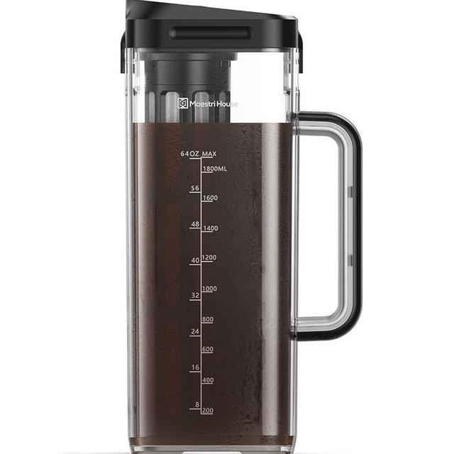 Maestri House Compact Cold Brew Coffee Maker, 64oz Iced Tea and Coffee Maker Brewer Space Saving Tritan Pitcher, 350 Mesh Filter, 100% Leak-Proof