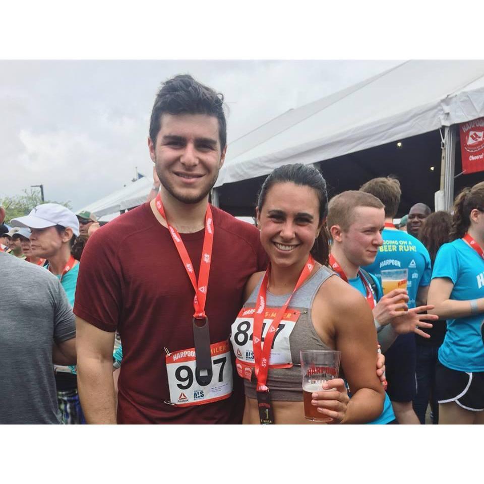 Sweaty (and enjoying a beer!) after the 5-mile race we run with our friends every year