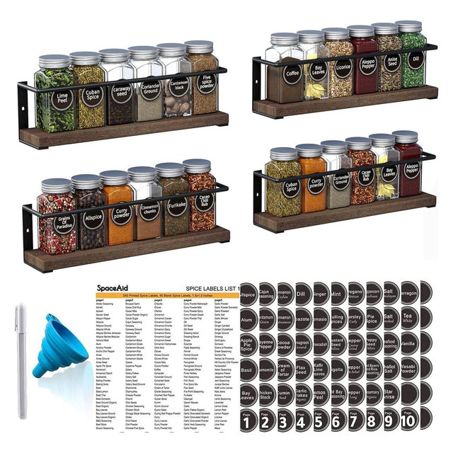 4 Pack Spice Rack Wall Mount with 24 Jars, 386 Label