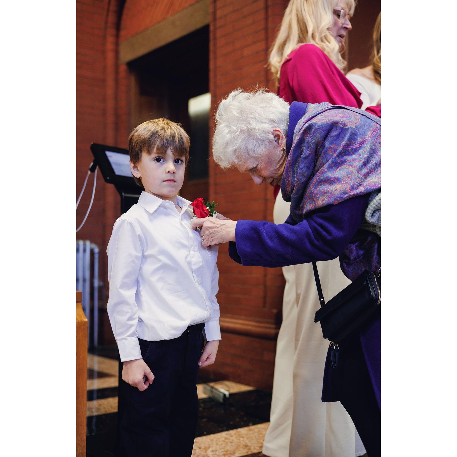 Nana Riz (Michael's mother) helping Jack with his boutonniere, which he promptly removed because it bothered him.
