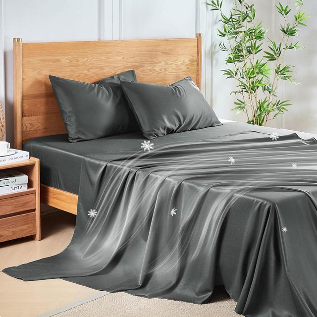 MR&HM Queen Sheet Set, 4-Piece Cooling Sheets, Rayon Derived from Bamboo & Polyester Blend, Soft & Silky, 15" Deep Pockets with Elastic Straps, Hotel Luxury for Hot Sleepers, Grey
