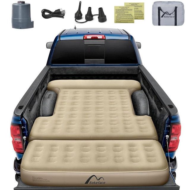 Detachable Tailgate Extendable 5.5-5.8ft Truck Bed Air Mattress - Heavy-Duty Inflatable Truck Bed Mattress with Car Pump, Extra Large Carry Bag, Leak-Resistant for Outdoor Camping & Pickup Trucks