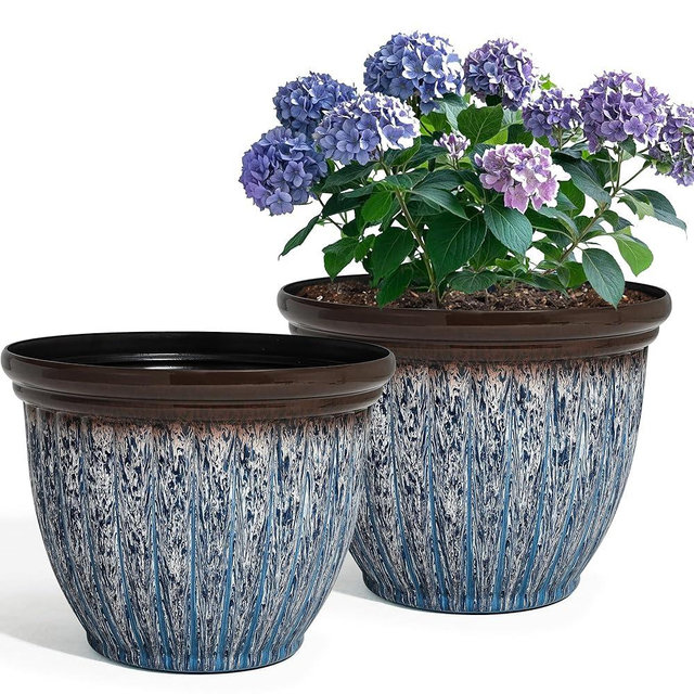 Ultym 15" D Large Flower Pots, 2-Pack Big Planters for Indoor Outdoor Plants, UV-Protect PP Container for Garden Patio Yard Balcony Porch or Home Decor, Artistic Floating Blue & Brown Glaze