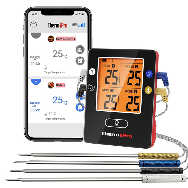 ThermoPro TP25W Bluetooth Meat Thermometer with 500FT Wireless Range 4-Probe Android/iOS Compatible Smart Grill Smoker Thermometer in Black