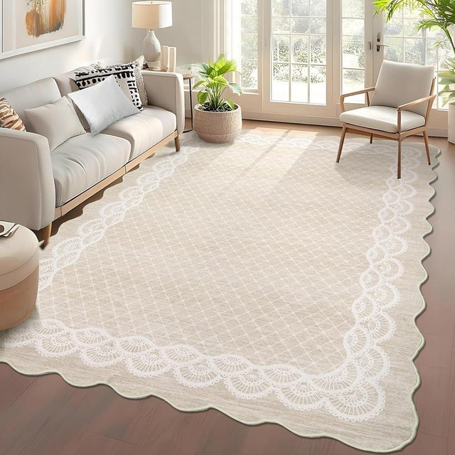 GarveeHome Scalloped Washable 8x10 Rugs for Living Room,Large Modern Bedroom Carpet with Non-Slip Backing, Non Shedding Low Pile Neutral Rug, Washable Scalloped Carpet for Farmhouse, Beige