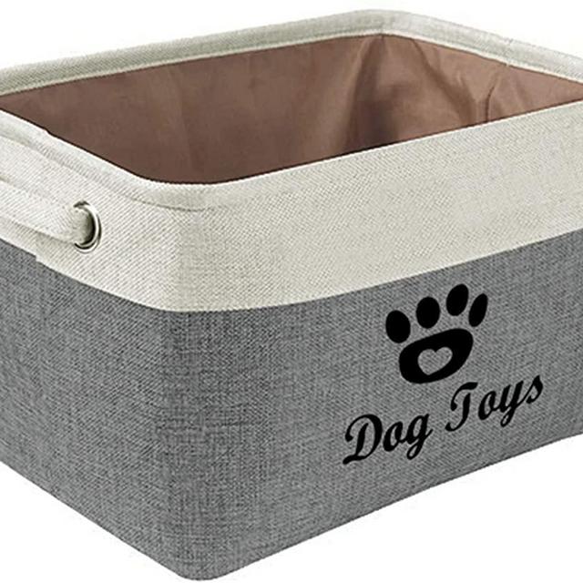 FJZFING Collapsible Dog Pet Toy Box Accessory Storage Bin with Handles, Organizer Storage Basket for Pet Toys, Blankets, Leashes, and Embroidered Dog Toys Grey